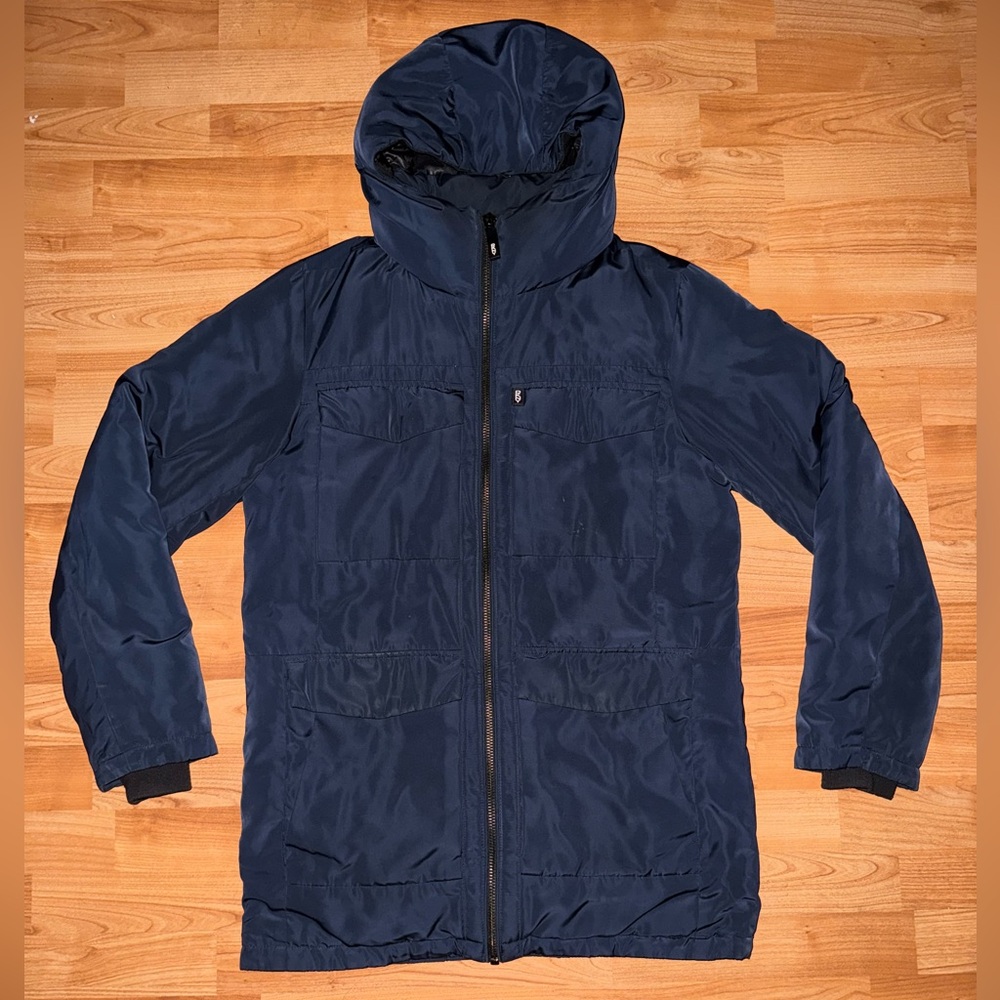 DKNY Men’s Size S Navy Puffer Hooded Winter Zipped Pocketed Used Jacket Coat